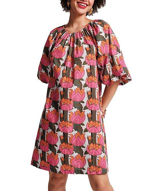 FRANCES VALENTINE Bliss Cotton Poplin Fireflower Print Scoop Neck 3/4 Sleeve Dress Product Image