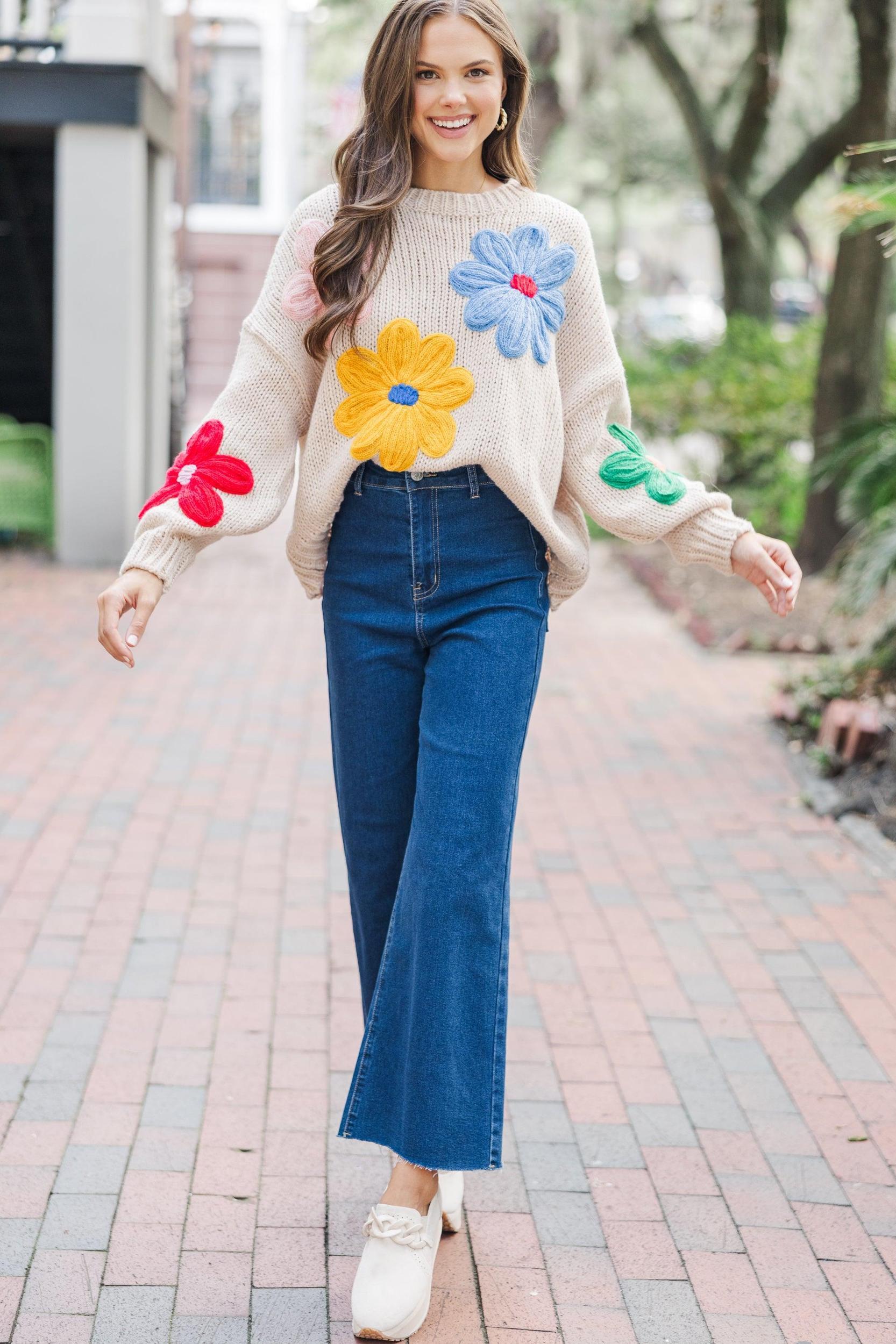 You're The One Oatmeal Floral Sweater Female Product Image