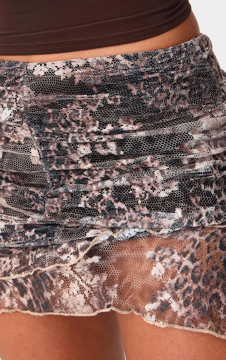 Leopard Textured Mesh Ruched Front Mini Skirt Product Image