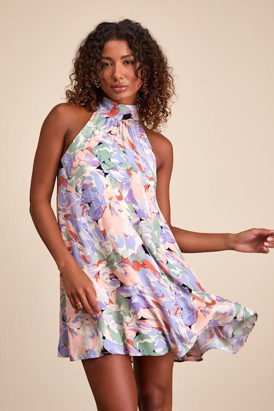 Tied Back To You Lavender Multi Floral Print Mini Shift Dress Product Image