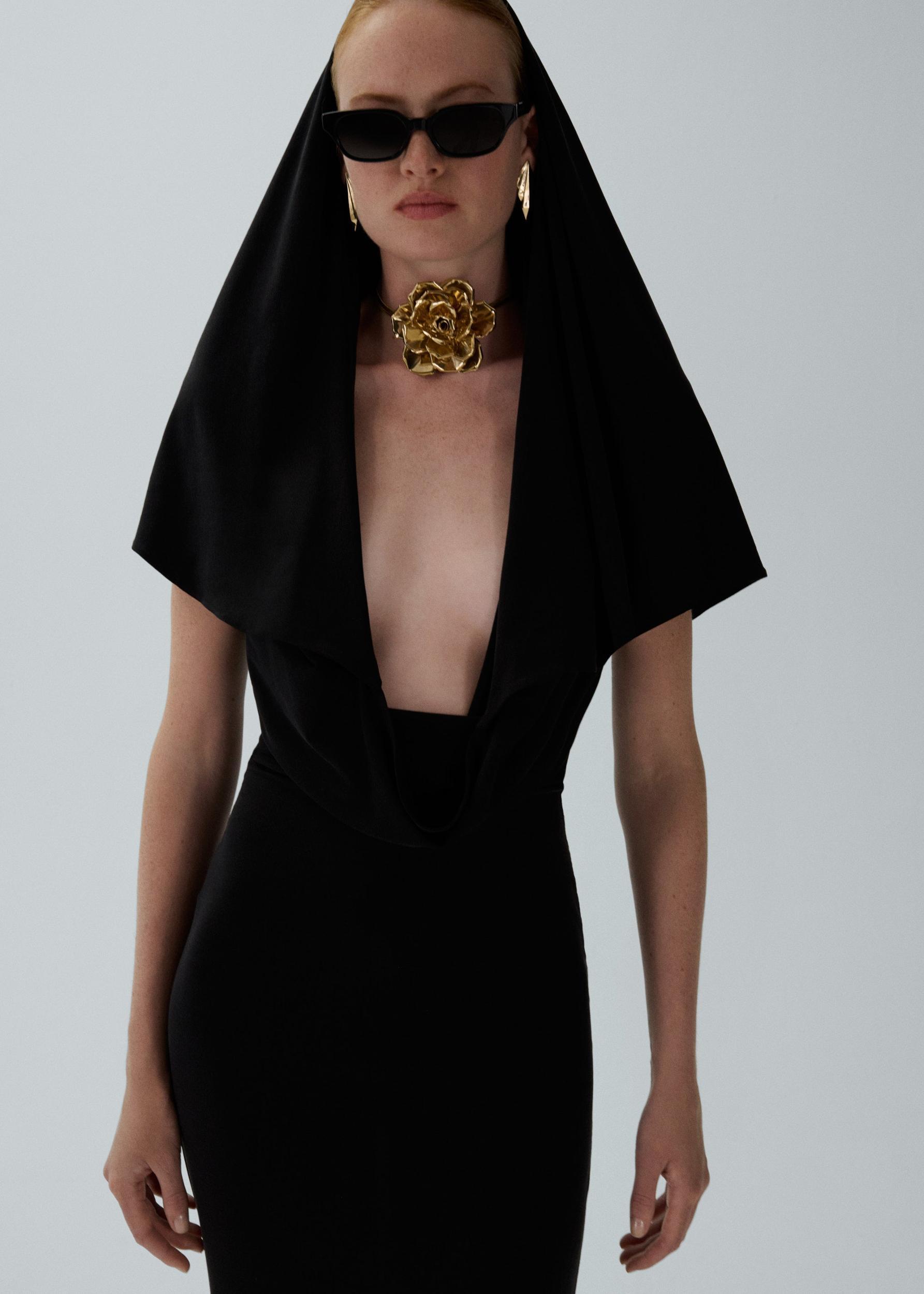 Hooded plunge maxi dress in black Product Image