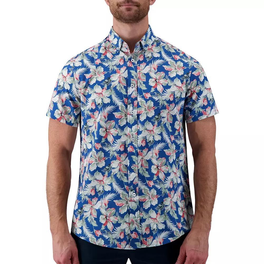 Men's Report Collection Short Sleeve Stretch Tropical Print Woven Button-Down Shirt, Size: Large, Royal Blue Product Image
