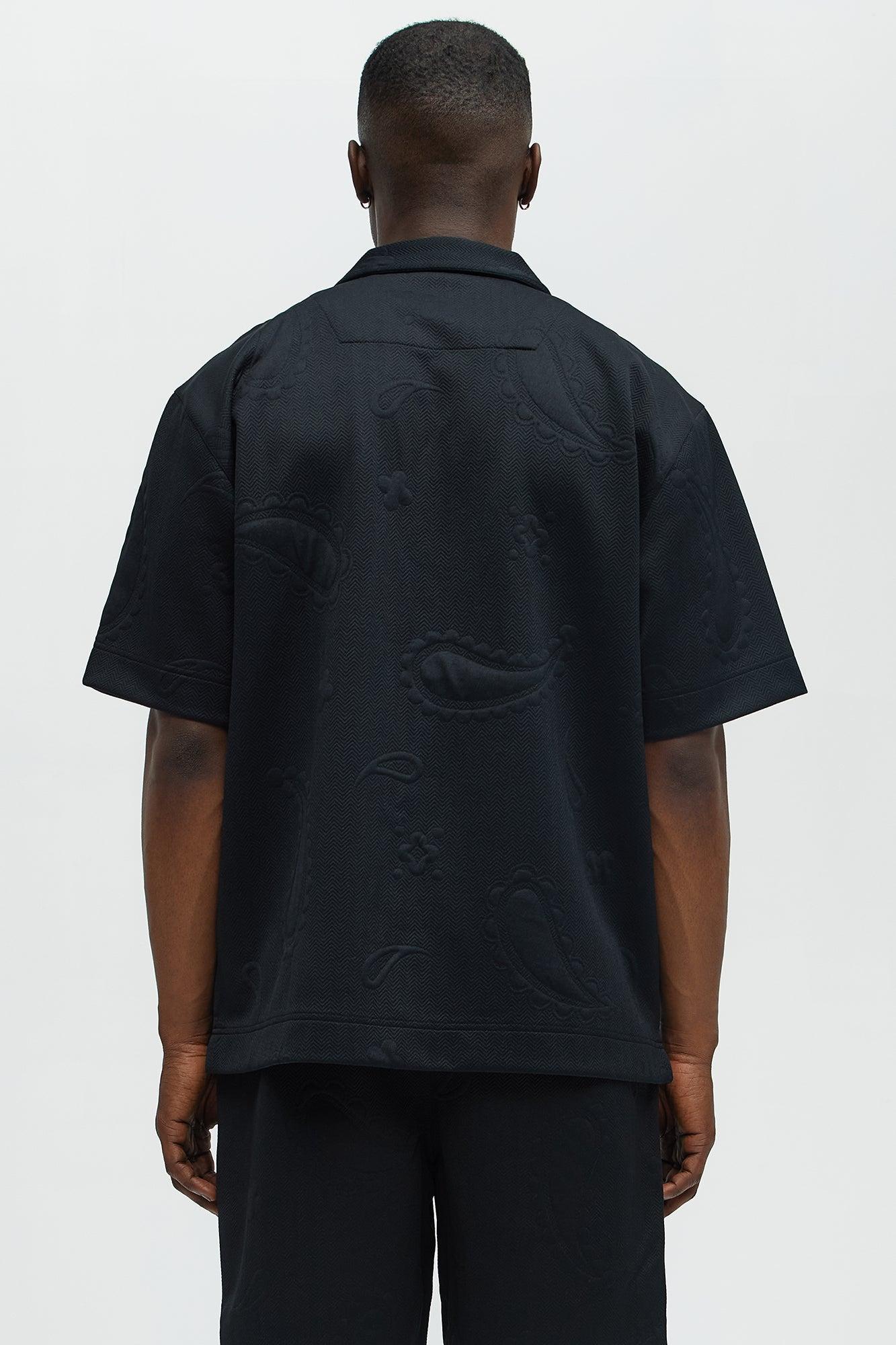 Heavyweight Textured Jacquard Knit Button Up Shirt - Black Product Image