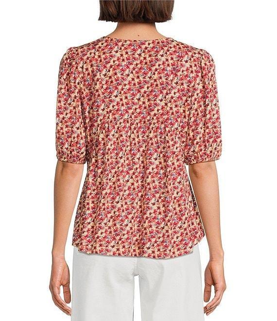 Nurture by Westbound Petite Woven Elbow Sleeve Pintuck Yoke Floral Top Product Image