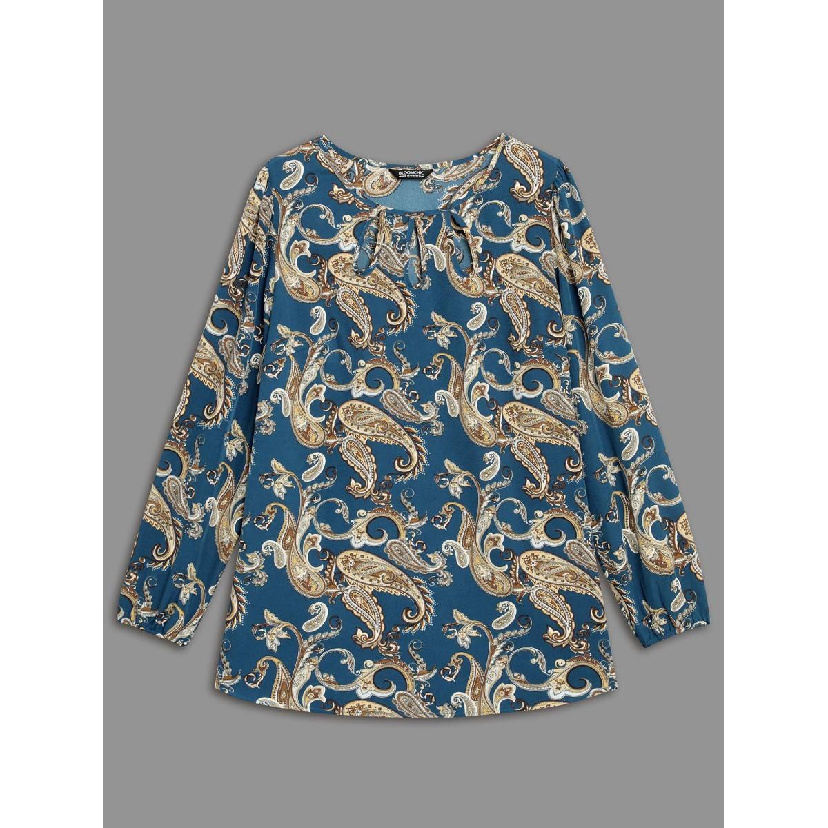 Plus Size Aegean Round Neck Paisley Cut Out Blouse Women Elegant Extra Long Sleeve Round Neck Everyday Blouses BloomChic 28/5X Product Image