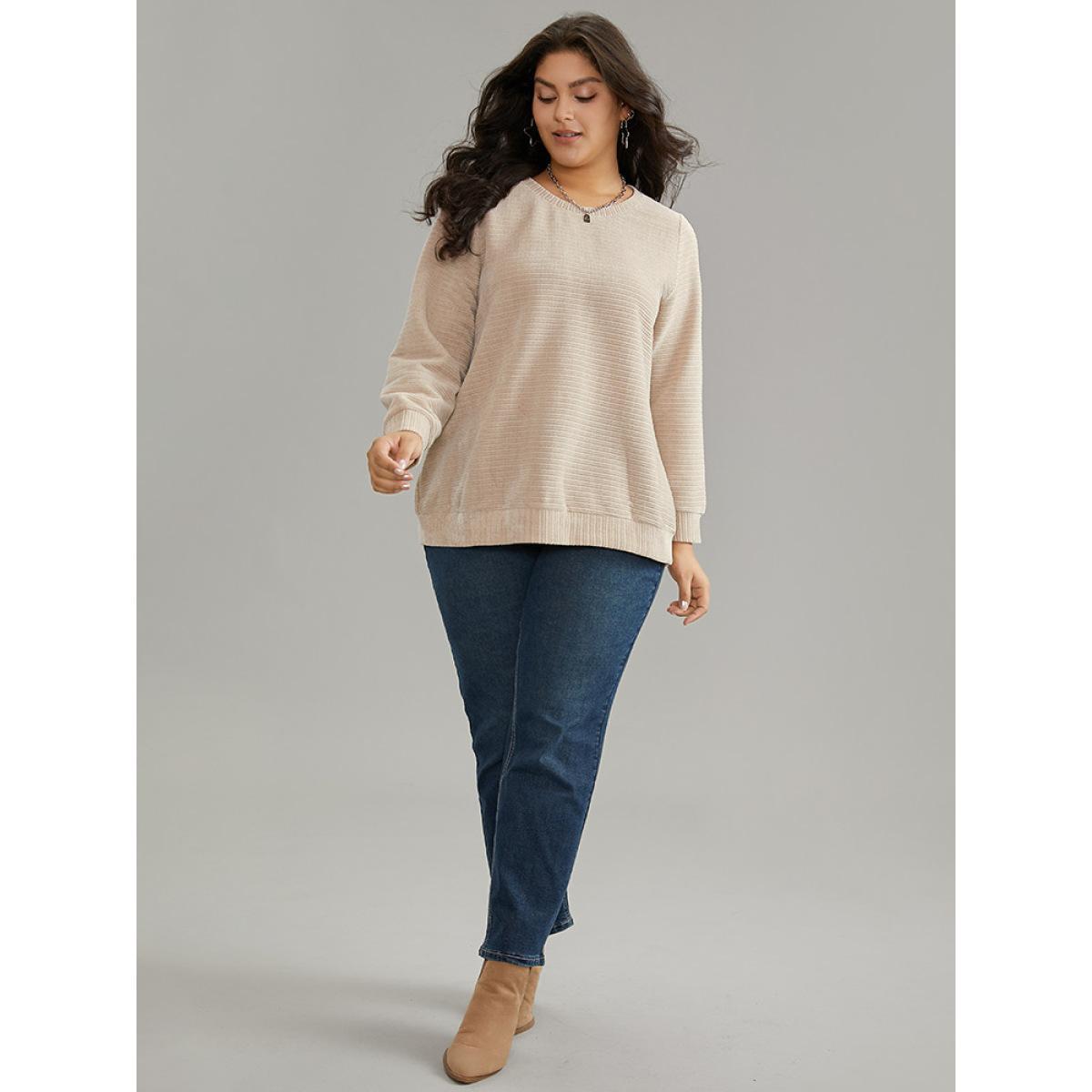 Plus Size Crew Neck Solid Textured Sweatshirt Women Apricot Casual Thick Round Neck Dailywear Sweatshirts BloomChic 22-24/3X Product Image
