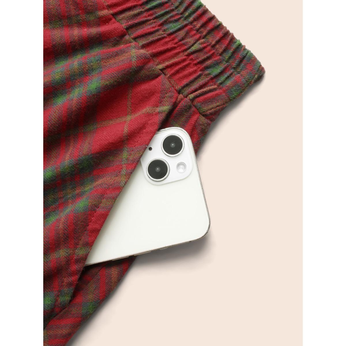 Plus Size Plaid Pattern Asymmetrical Hemline Midi Skirt Women Crimson Elegant Asymmetrical Loose No stretch Slanted pocket Everyday Skirts BloomChic 30/6X Product Image