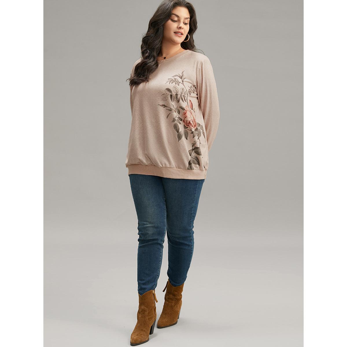 Plus Size Floral Print Elastic Cuffs Sweatshirt Women LightBrown Casual Elastic cuffs Round Neck Dailywear Sweatshirts BloomChic 18-20/2X Product Image