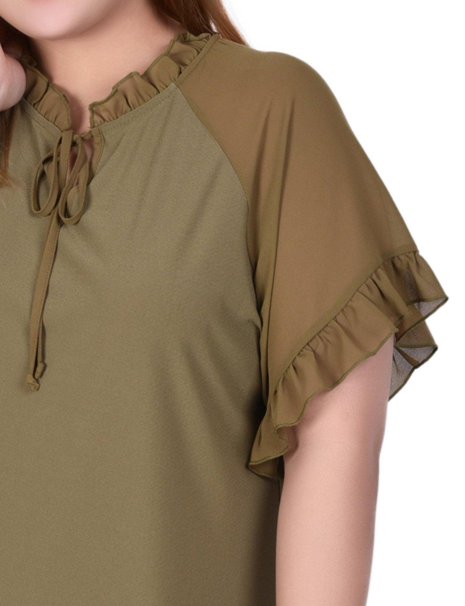 Martini Olive Short Ruffled Sleeve Crepe Knit Top With Chiffon Sleeves - Plus Product Image