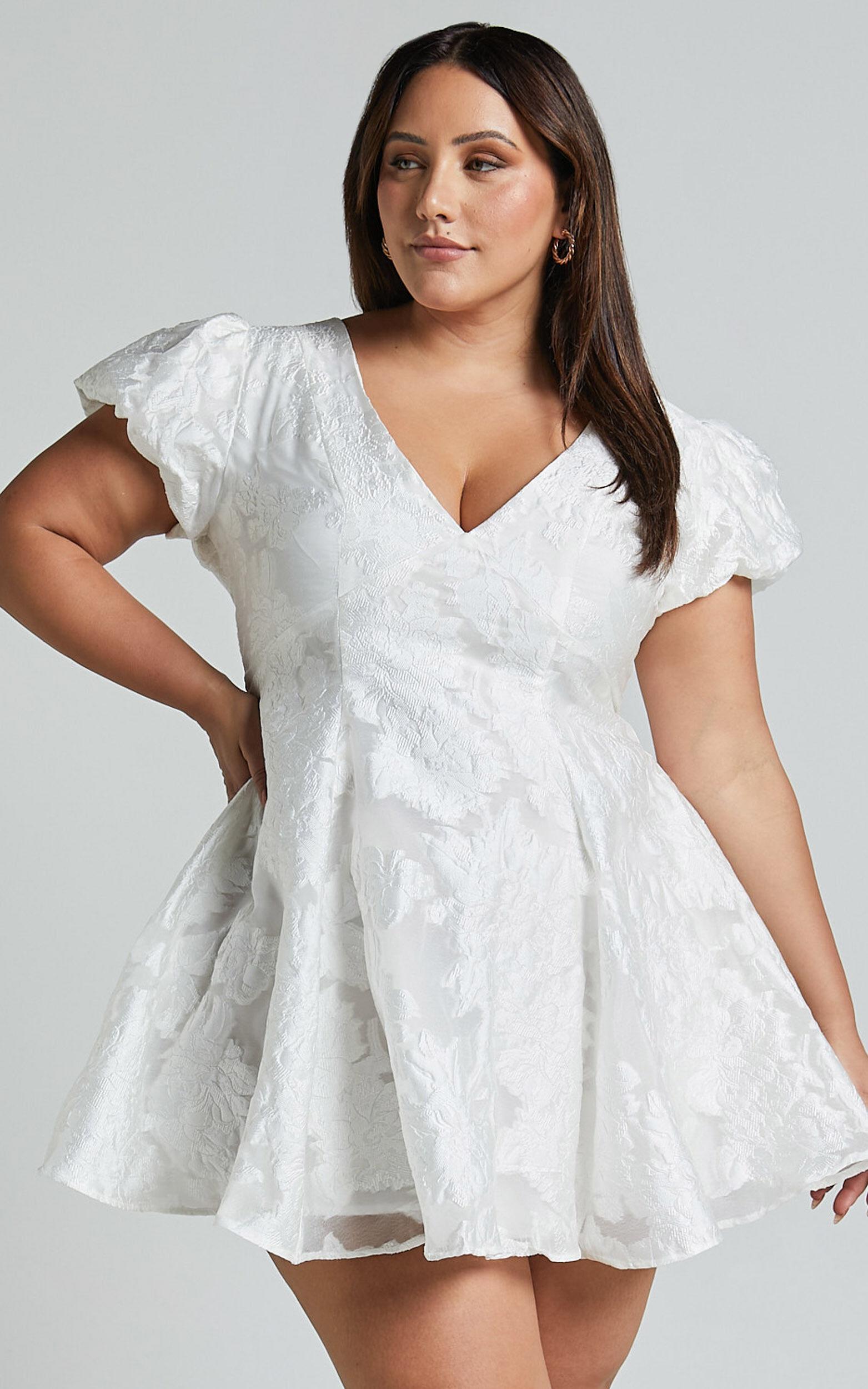 Brailey Jacquard Mini Dress - Puff Sleeve Dress in White Product Image