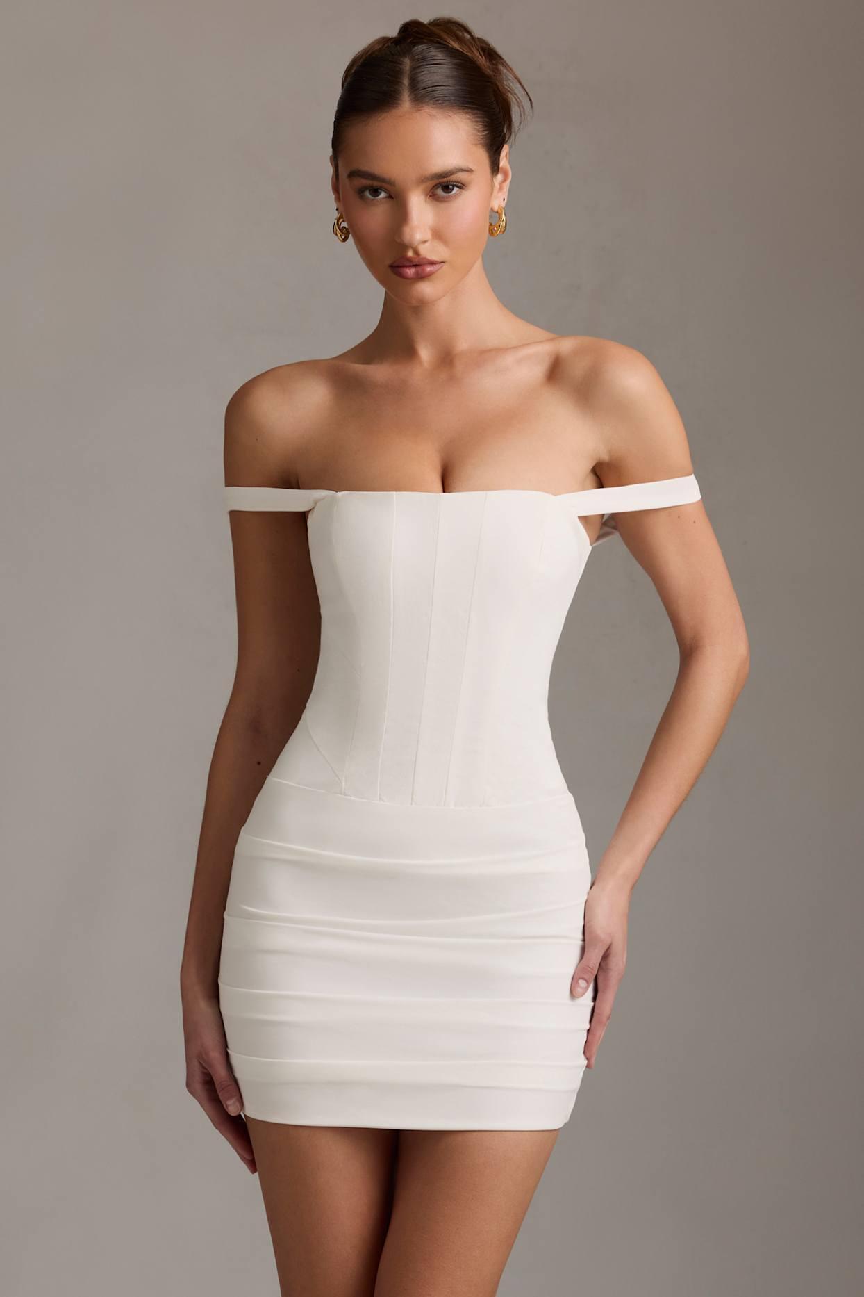 Off-Shoulder Corset Mini Dress in White Product Image
