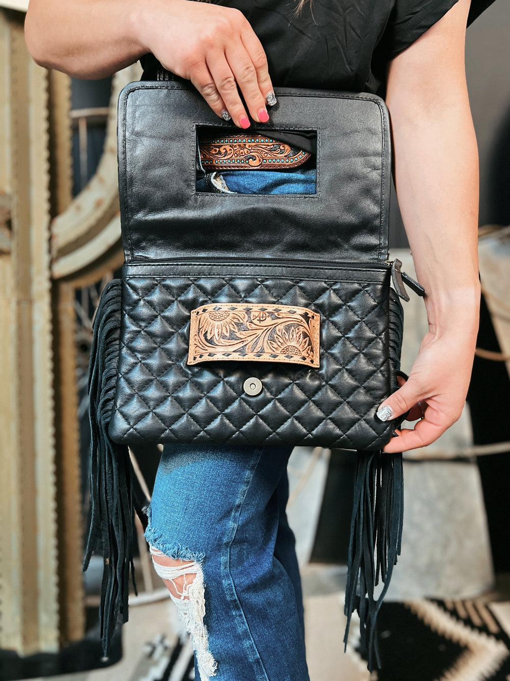 Darling Quilted Black Leather Clutch Bag With Fringe Product Image