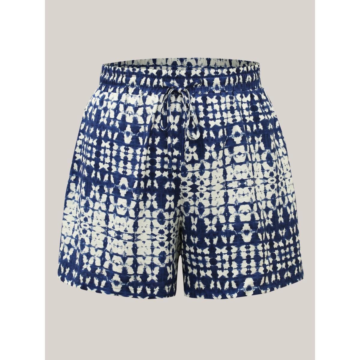 Plus Size Abstract Print Straight-Fit Shorts Women Indigo Resort Drawstring Straight Leg Vacation Shorts BloomChic 18-20/2X Product Image