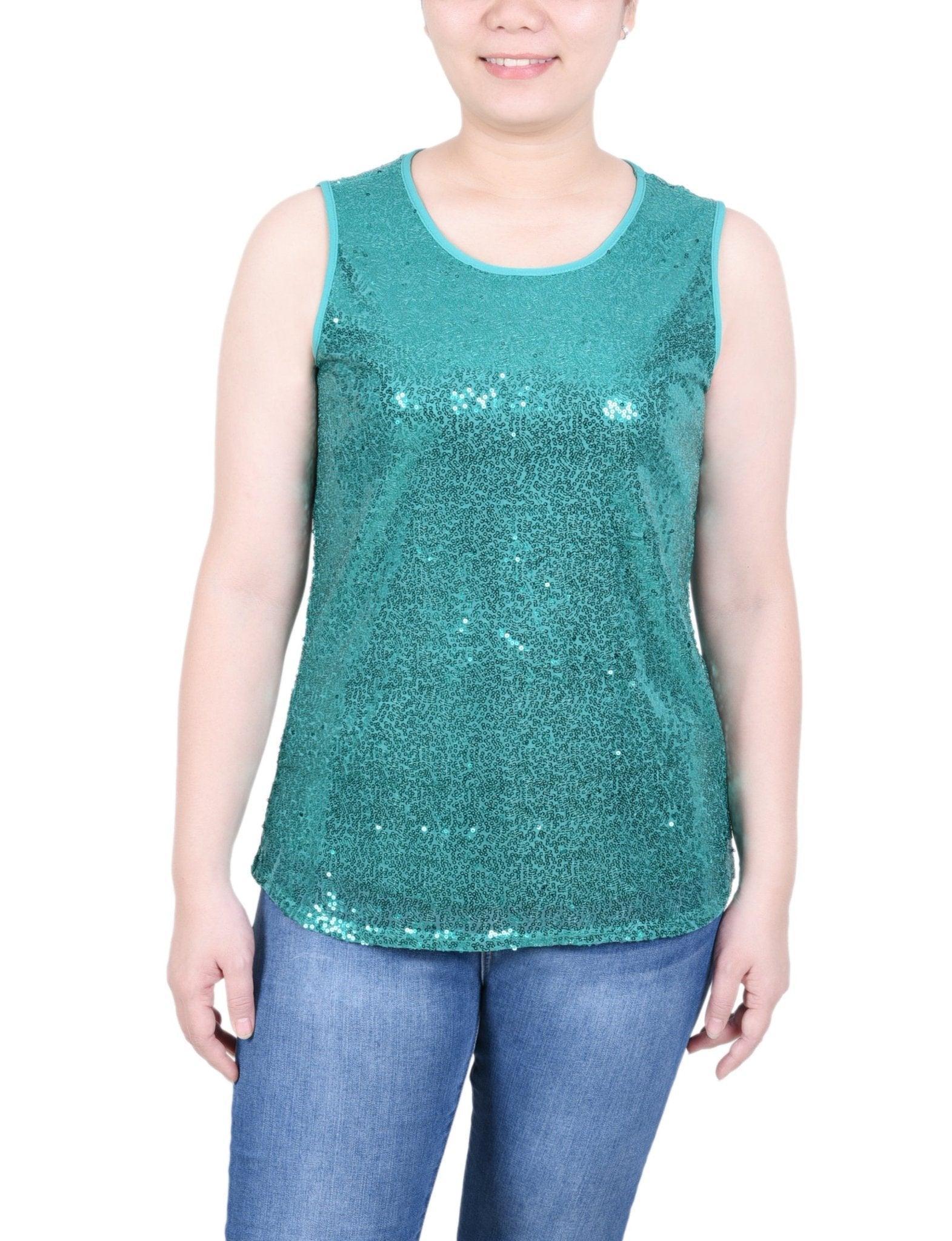 Sleeveless Sequined Tank Top With Combo Banding - Petite Product Image