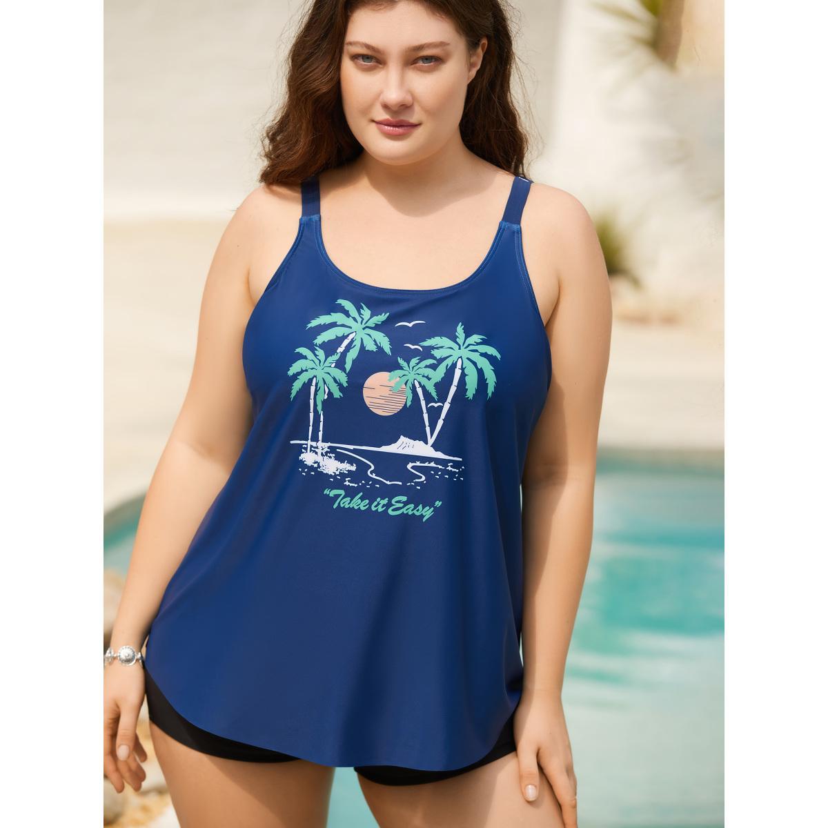 Plus Size Island Print Non-Removable Cups Swim Top Women's Swimwear Cerulean Beach High stretch Bodycon U-neck Curve Swim Tops BloomChic 10/M Product Image