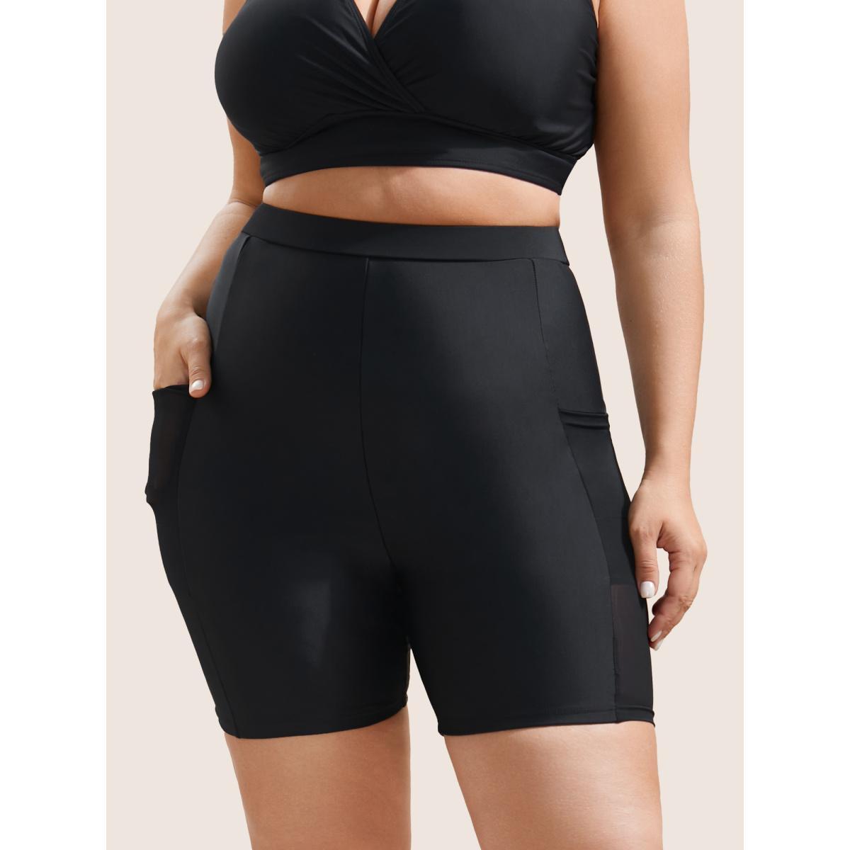 Plus Size Plain Mesh Patchwork Patched Pocket Swim Bottoms Women's Swimwear Black Beach See through High stretch Skinny High Rise Slanted pocket Curve Swim Bottoms BloomChic 14-16/1X Product Image