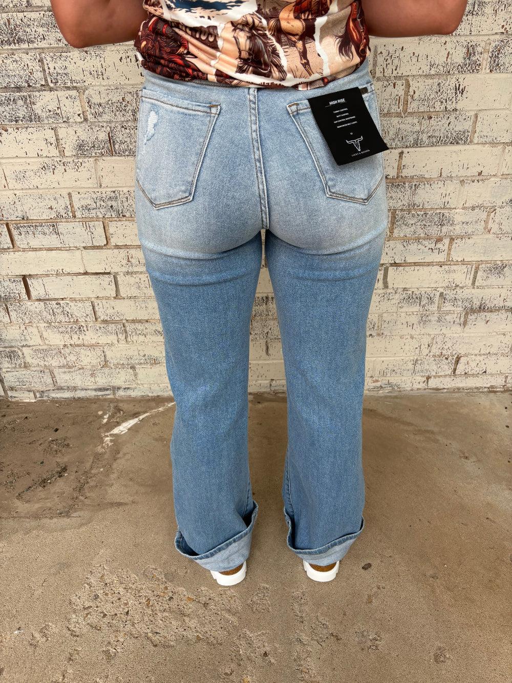 L&B Light Wash High Rise Distressed Bootcut Jeans Product Image