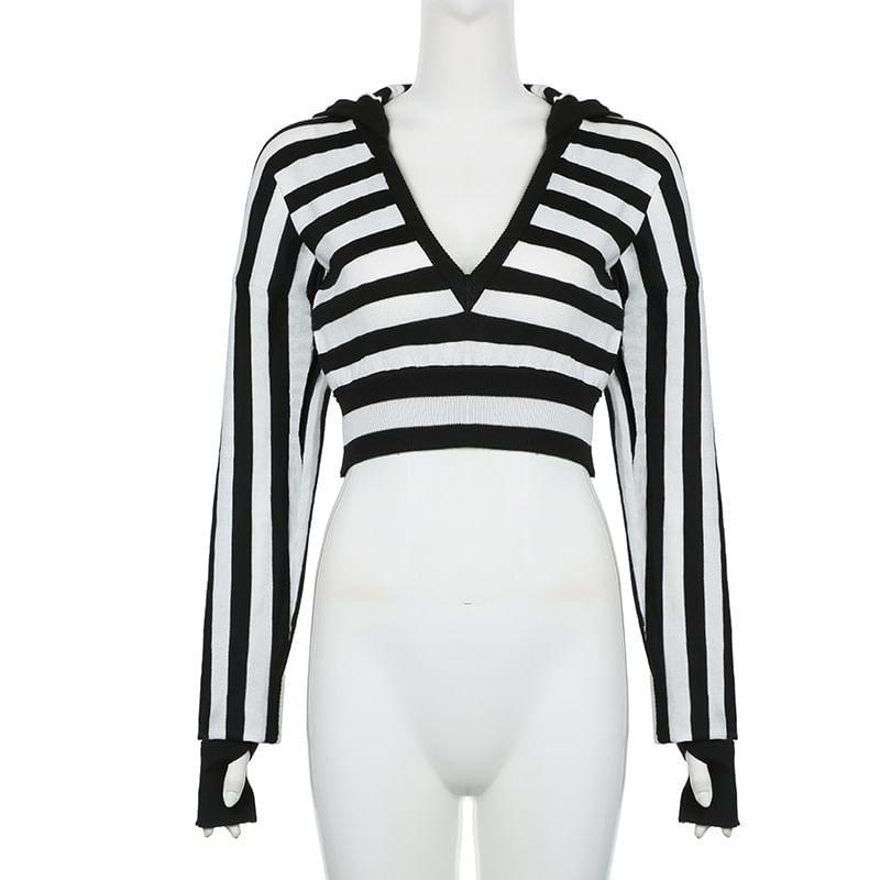 Long Sleeve Deep Plunge Striped Hood Knit Crop Top Product Image