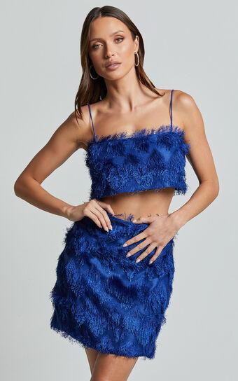 Shelby Mini Skirt - High Waist Fringe Skirt in Cobalt Blue Product Image