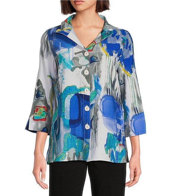 Ali Miles Abstract Print Wire Collar 3/4 Sleeve Button Front Tunic Product Image