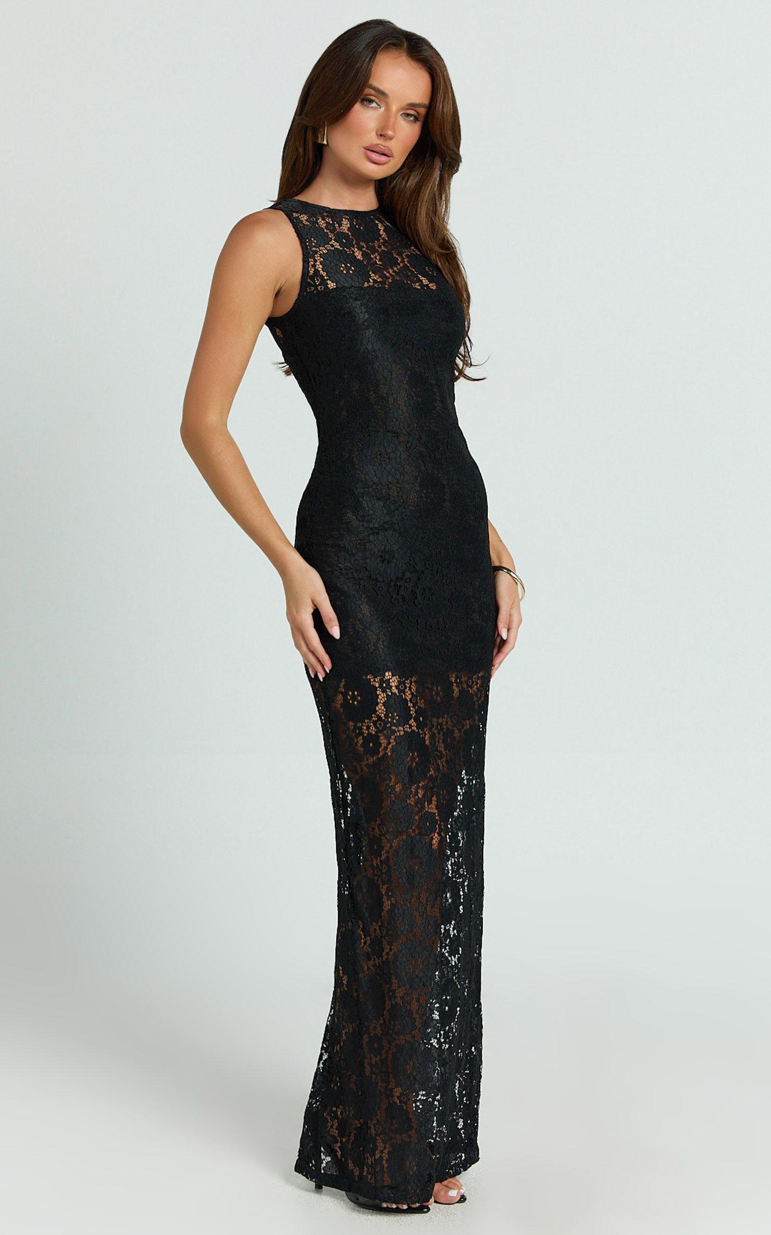 Rimona Maxi Dress - Lace High Neck Bodycon Dress in Black Product Image