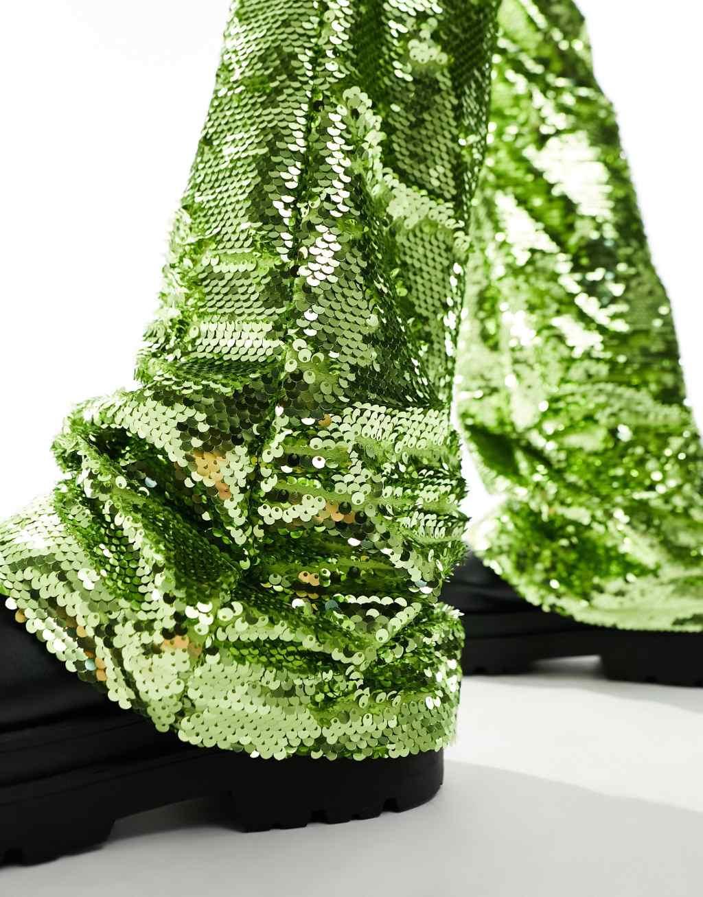 ASOS DESIGN smart flare pants in lime green sequins Product Image