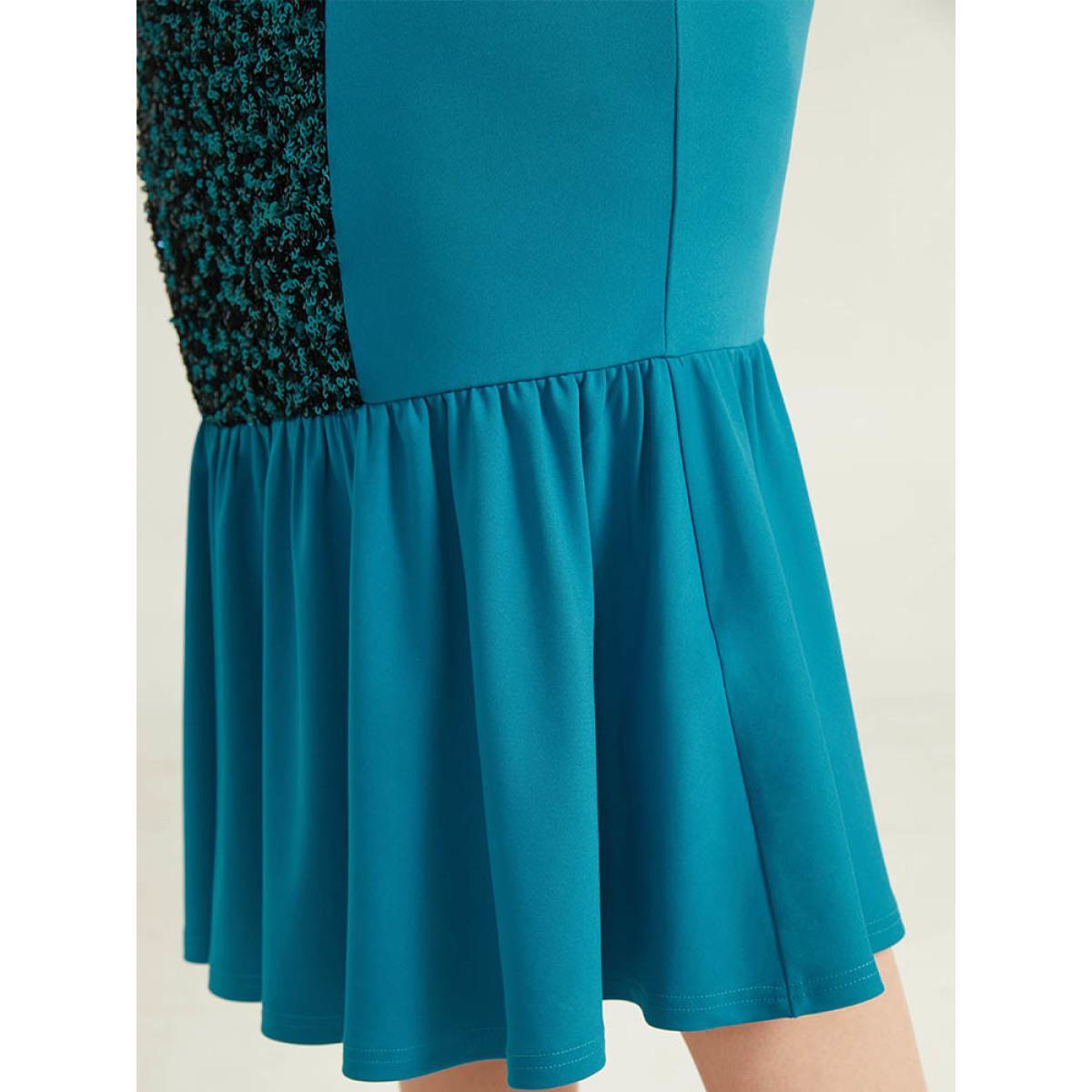 Plus Size Halloween Sequin Patchwork Mermaid Hem Dress Teal Women Glamour Gathered Square Neck Long Sleeve Curvy Midi Dress BloomChic 18-20/2X Product Image