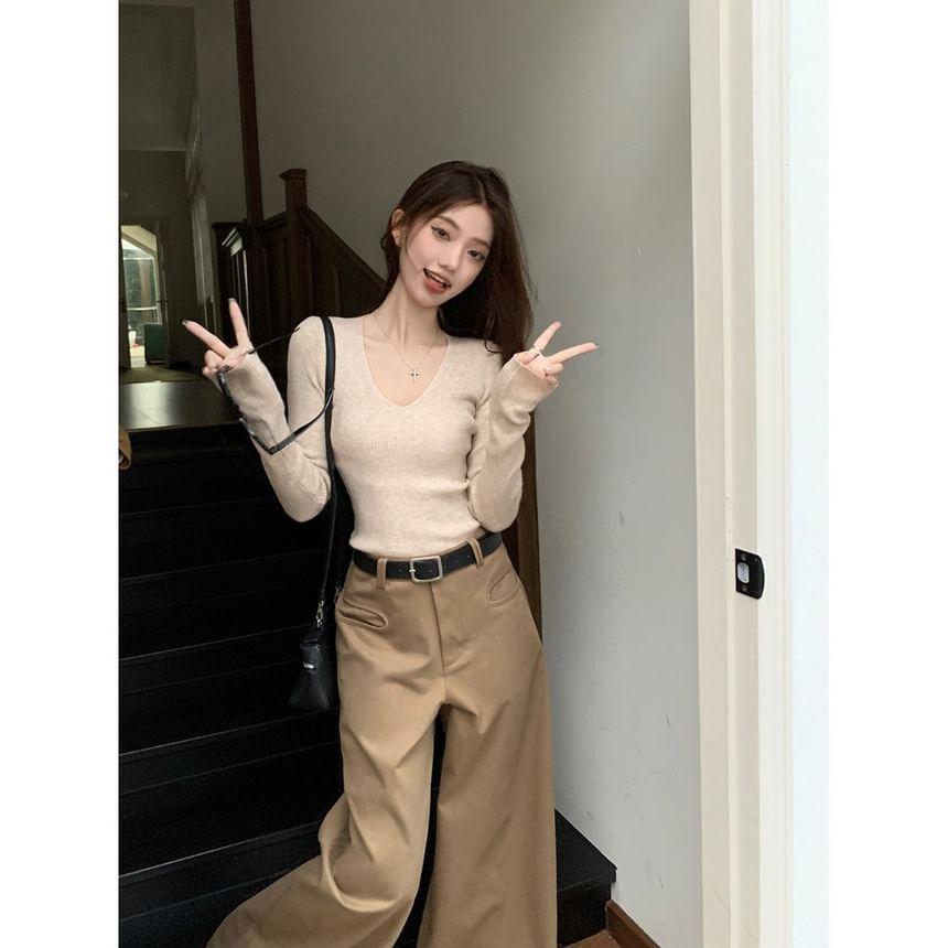 Long-Sleeve V-Neck Plain Slim Fit Knit Top / High Rise Wide Leg Pants Product Image