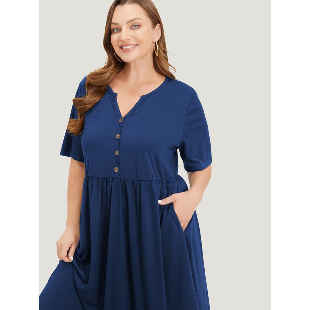 Plus Size Solid Notched Pocket Flutter Hem Dress DarkBlue Women Casual Elastic Waist Notched collar Short sleeve Curvy Midi Dress BloomChic 14-16/1X Product Image