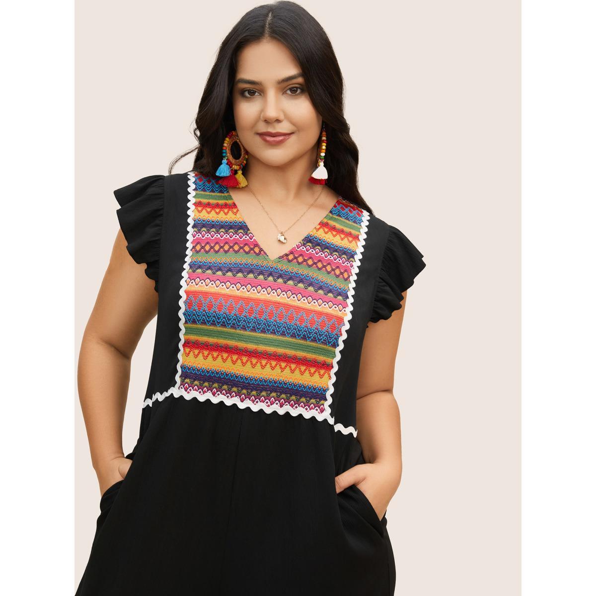 Plus Size Black Contrast Webbing Ruffle Cap Sleeve Jumpsuit Women Resort Cap Sleeve V-neck Vacation Loose Jumpsuits BloomChic 22-24/3X Product Image