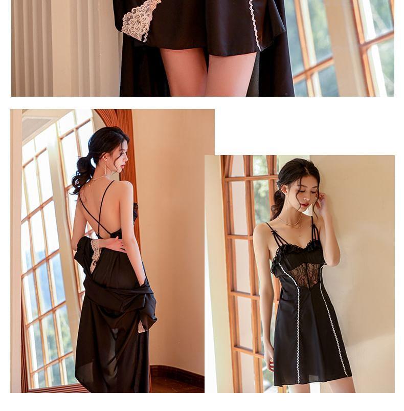 Set: Spaghetti Strap Lace Panel Ruffle Trim Open Back Nightdress + Pajama Robe Product Image