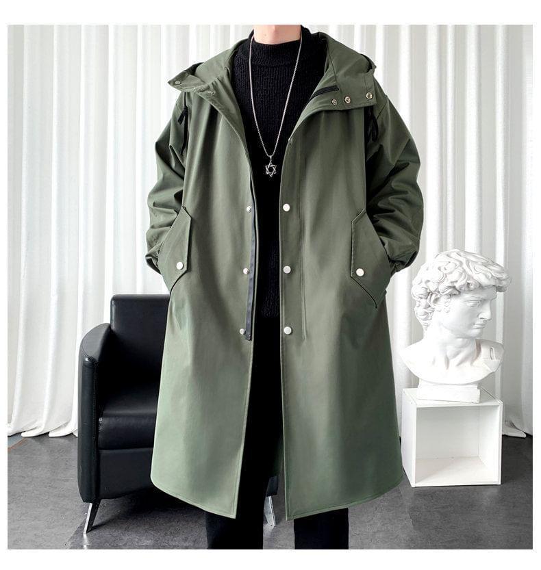 Hooded Button-Up Long Trench Coat Product Image