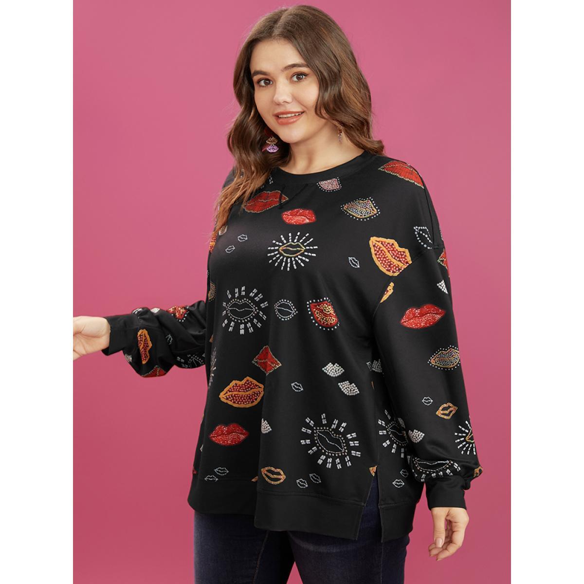 Plus Size Lip Print Split Hem Drop Shoulder Sweatshirt Women Black Casual Slit Round Neck Dailywear Sweatshirts BloomChic 10/M Product Image