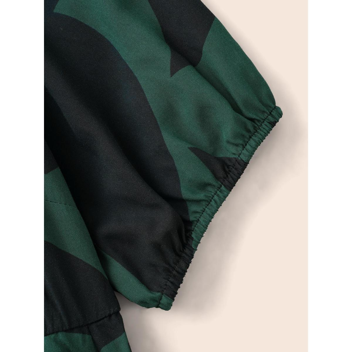 Plus Size Plant Pocket Puff Sleeve Belt Ruffle Hem Button Up Dress DarkGreen Women Office Belted Shirt collar Short sleeve Curvy Knee Dress BloomChic 14-16/1X Product Image