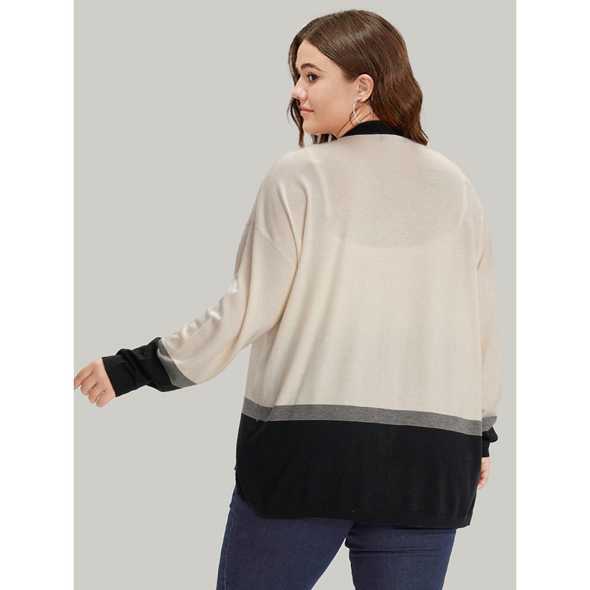 Plus Size Supersoft Essentials Colorblock Contrast Elastic Cuffs Cardigan Apricot Women Casual Loose Long Sleeve Work Cardigans BloomChic 10/M Product Image