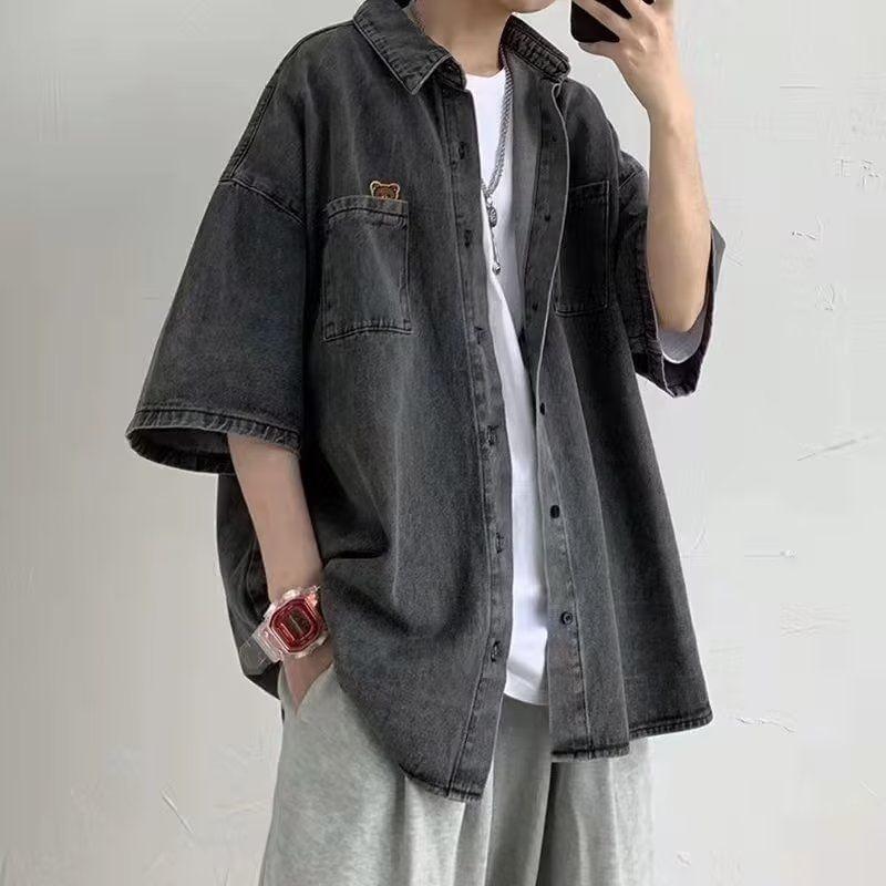 Elbow Sleeve Collared Washed Denim Shirt Product Image
