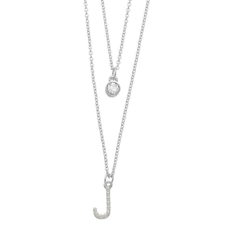 City Luxe Fine Silver Plated Cubic Zirconia & Simulated Pearl Initial Duo Necklace Set, Women's, Silver Tone J Product Image