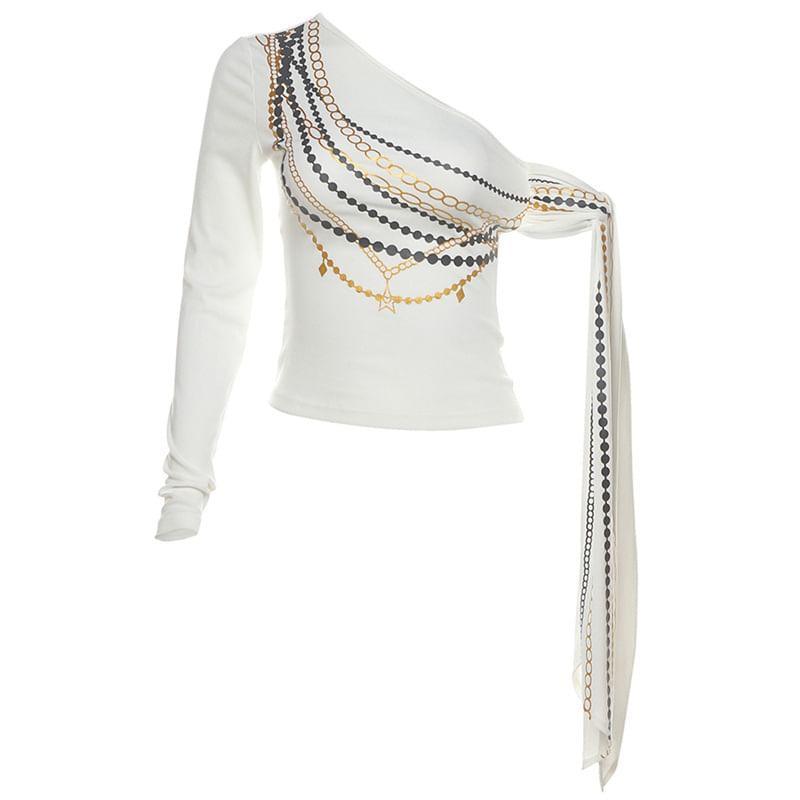 Long Sleeve One Shoulder Patterned Print Tie-Up Top Product Image