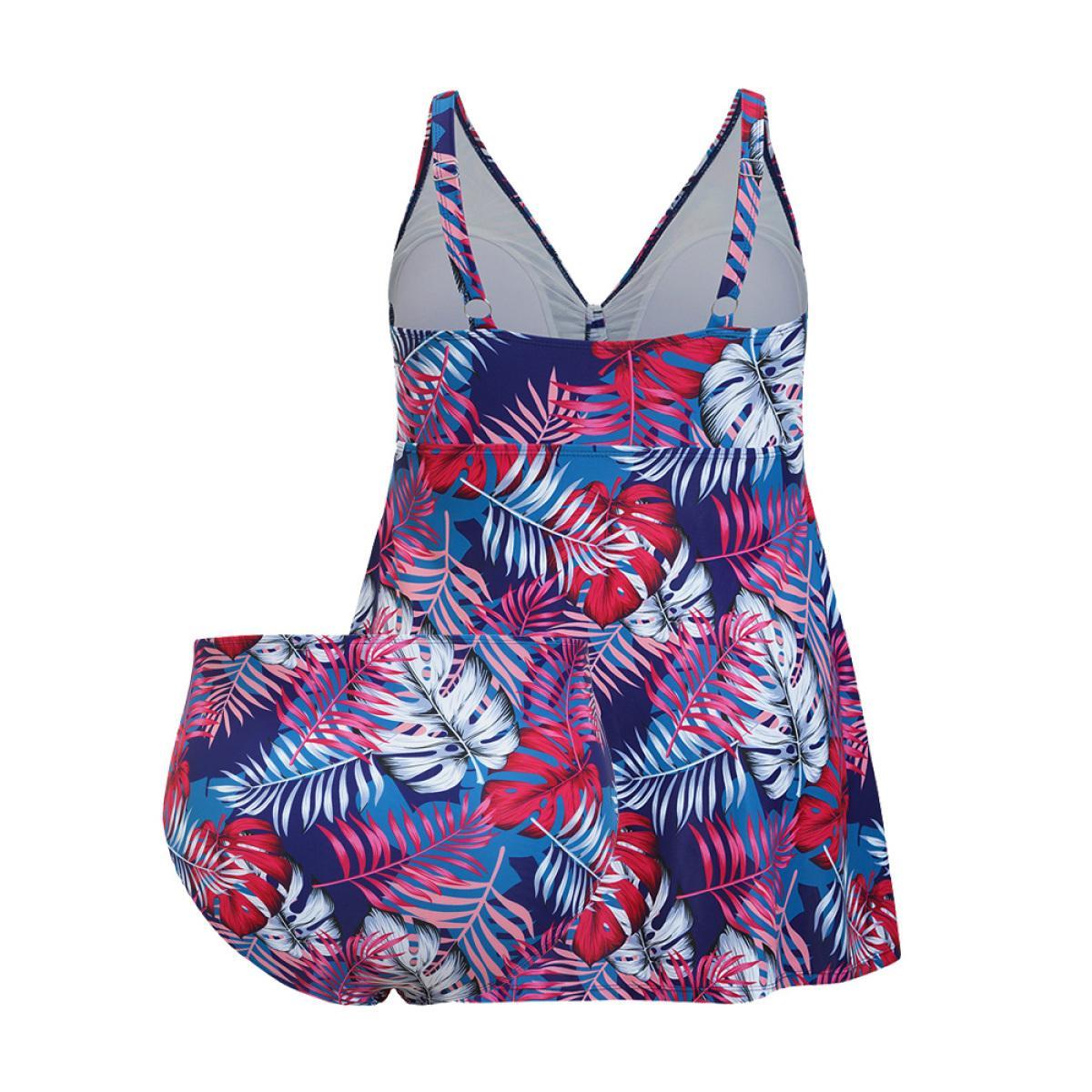 Plus Size Tropical Print Knotted Front Swim Dress Women's Swimwear Indigo Vacation Bodycon V-neck High stretch Curve Swim Dresses BloomChic 30/6X Product Image