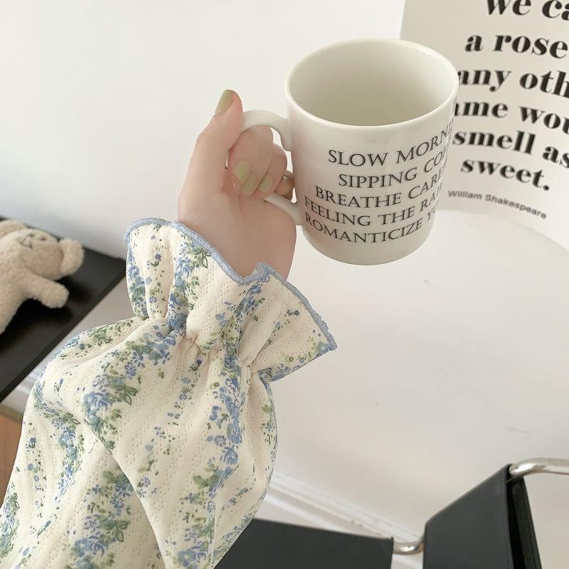 Pajama Set: Long Sleeve Collared Floral Print Ruffle Blouse + Straight Leg Pants Product Image