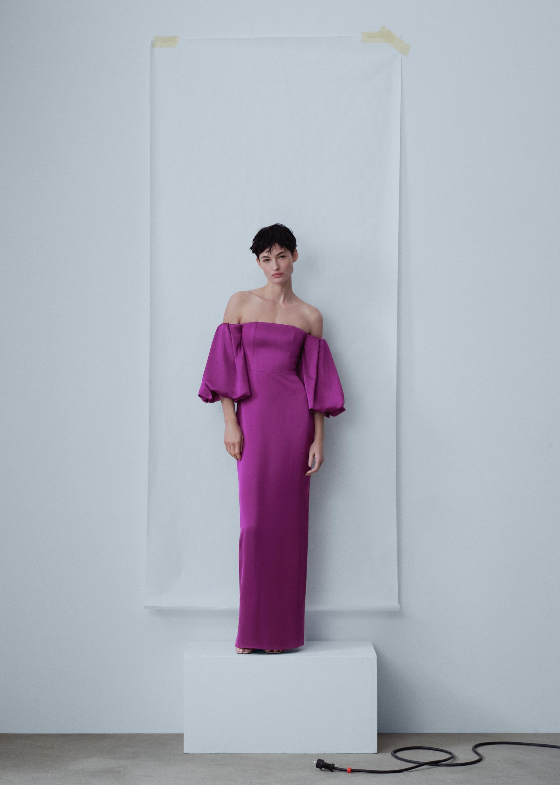 Satin dress with volume sleeves - Women | MANGO USA Product Image