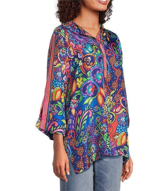 JOHNNY WAS Yuri Mod Floral Print Silk Banded Collar 3/4 Sleeve Five-Button Half-Placket Tunic Product Image