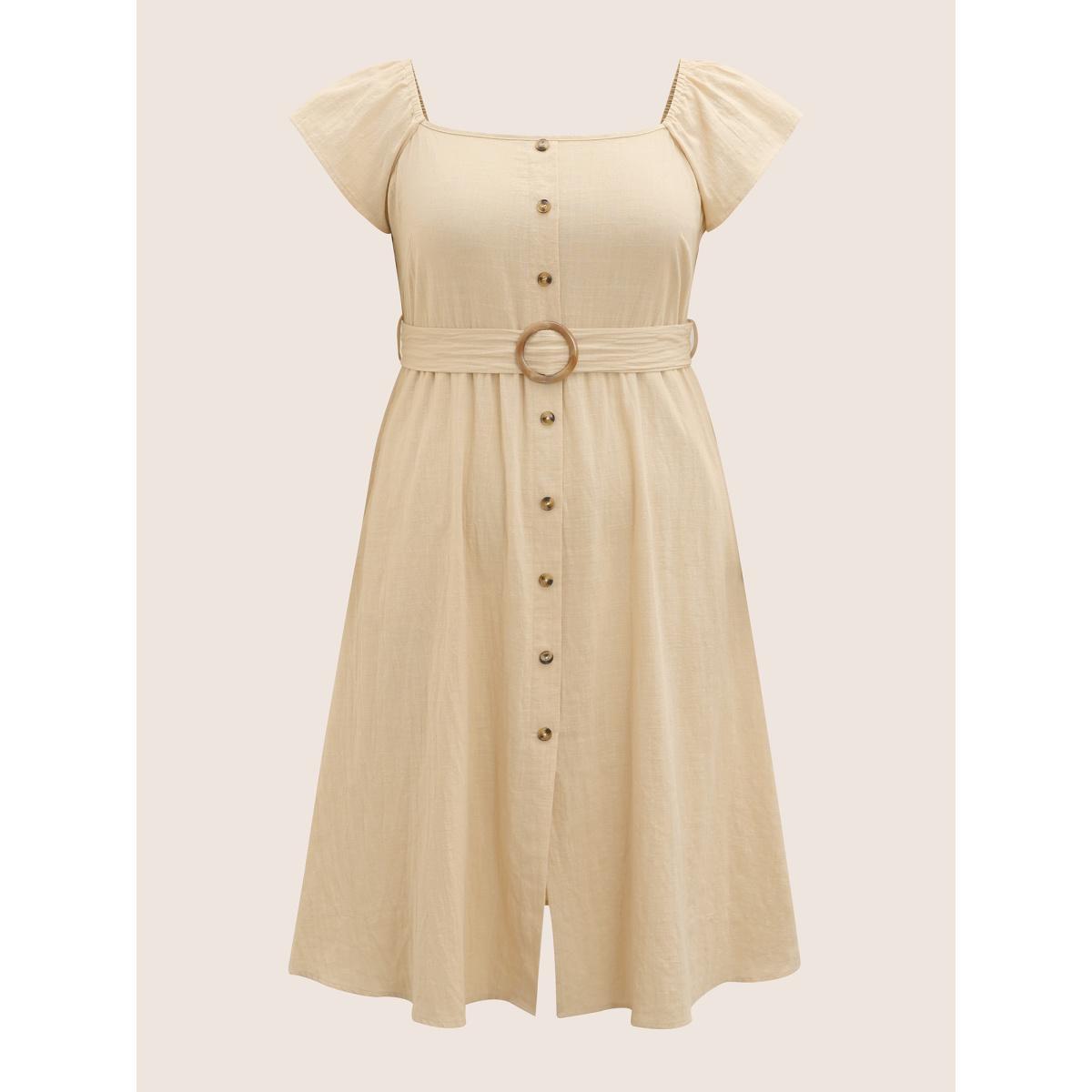 Plus Size Cotton Solid Buckle Detail Ruffle Cap Sleeve Dress Beige Women Casual Belted Square Neck Cap Sleeve Curvy BloomChic 30/6X Product Image
