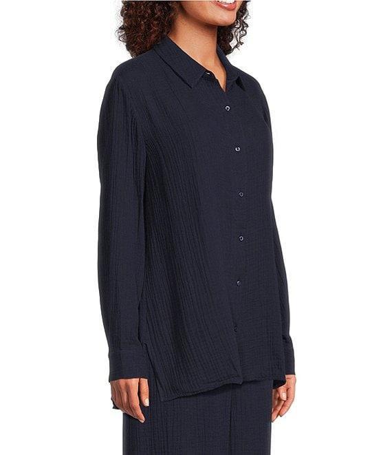 Eileen Fisher Petite Size Organic Cotton Gauze Point Collar Long Sleeve Top Product Image