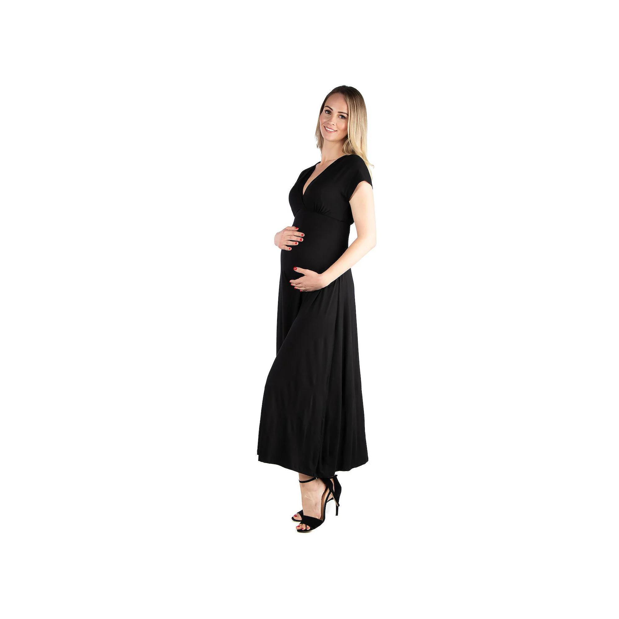 Maternity 24Seven Comfort Apparel Cap Sleeve V-Neck Maxi Dress, Women's, Size: Medium-Mat, Black Product Image