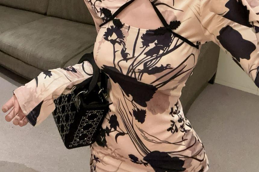 Long Sleeve Keyhole Floral Print Bodycon Mini Dress Product Image