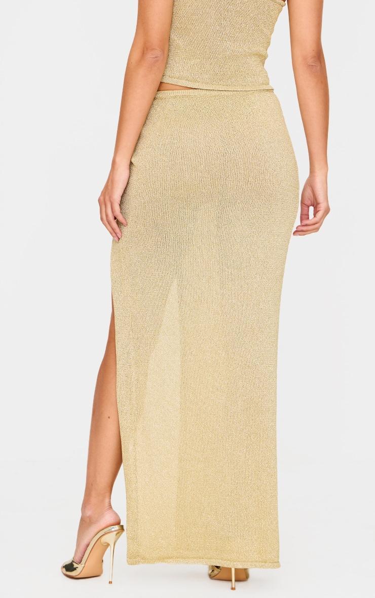 Gold Lurex Knit Gold Trim Side Split Maxi Skirt Product Image