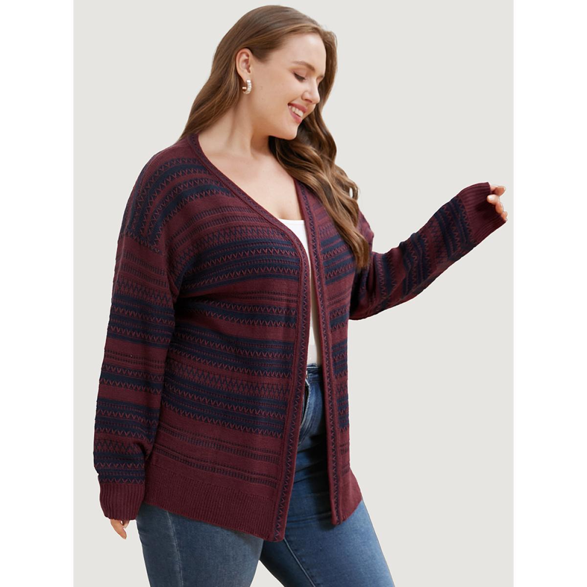 Plus Size Striped Contrast Pointelle Knit Open Front Loose Cardigan Scarlet Women Casual Loose Long Sleeve Work Cardigans BloomChic 26/4X Product Image