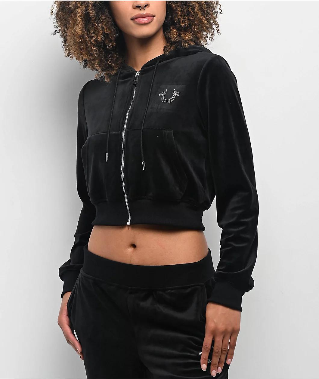 True Religion Crystal Shrunken Black Velour Zip Hoodie Product Image