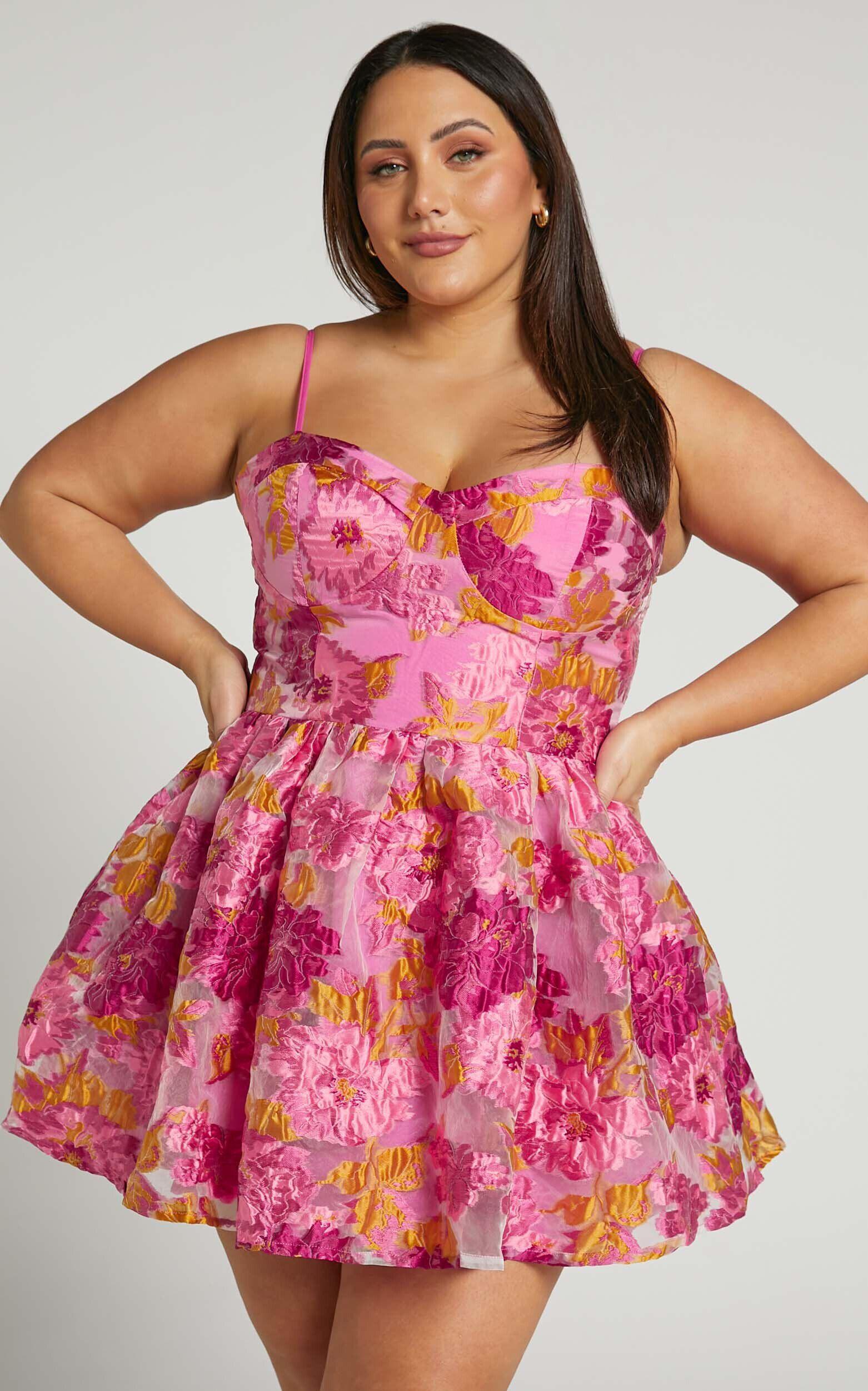 Brailey Mini Dress - Sweetheart Bustier Dress in Pink Jacquard Product Image